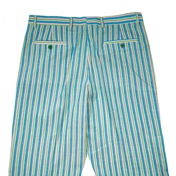 Mens 34 Chino Pants Blue Green Seersucker Stripe Flat Front Straight Trousers